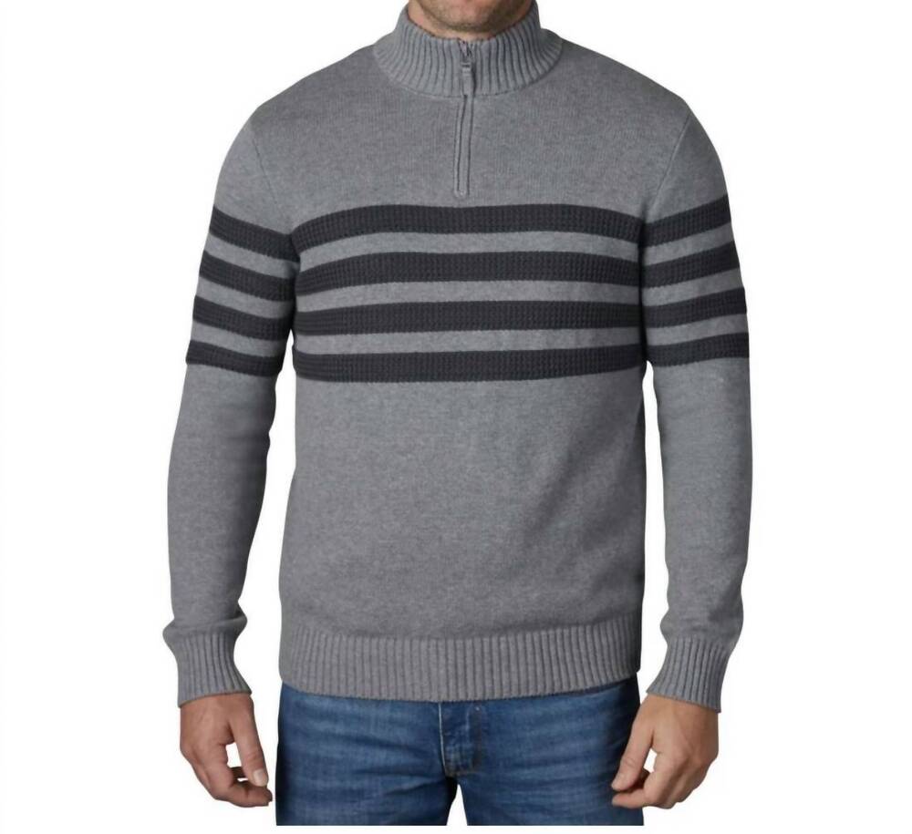 NEW TAHARI quarter zip stretch pullover striped mock neck sweater in medium gray